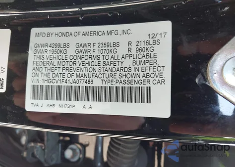 2018 Honda Accord Ex z USA, uszkodzony, nr VIN 1HGCV1F41JA077486